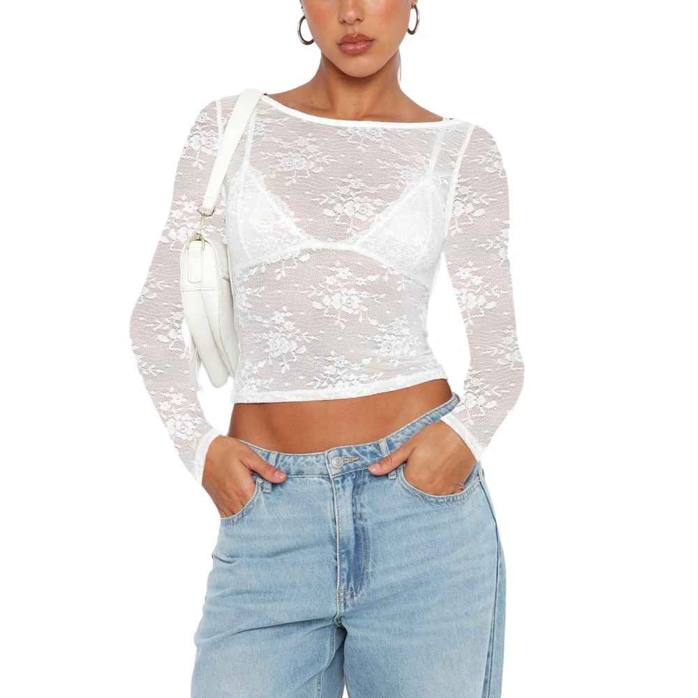 Women's Summer Long Sleeve Open Back Slim Lace Floral Crop Tops