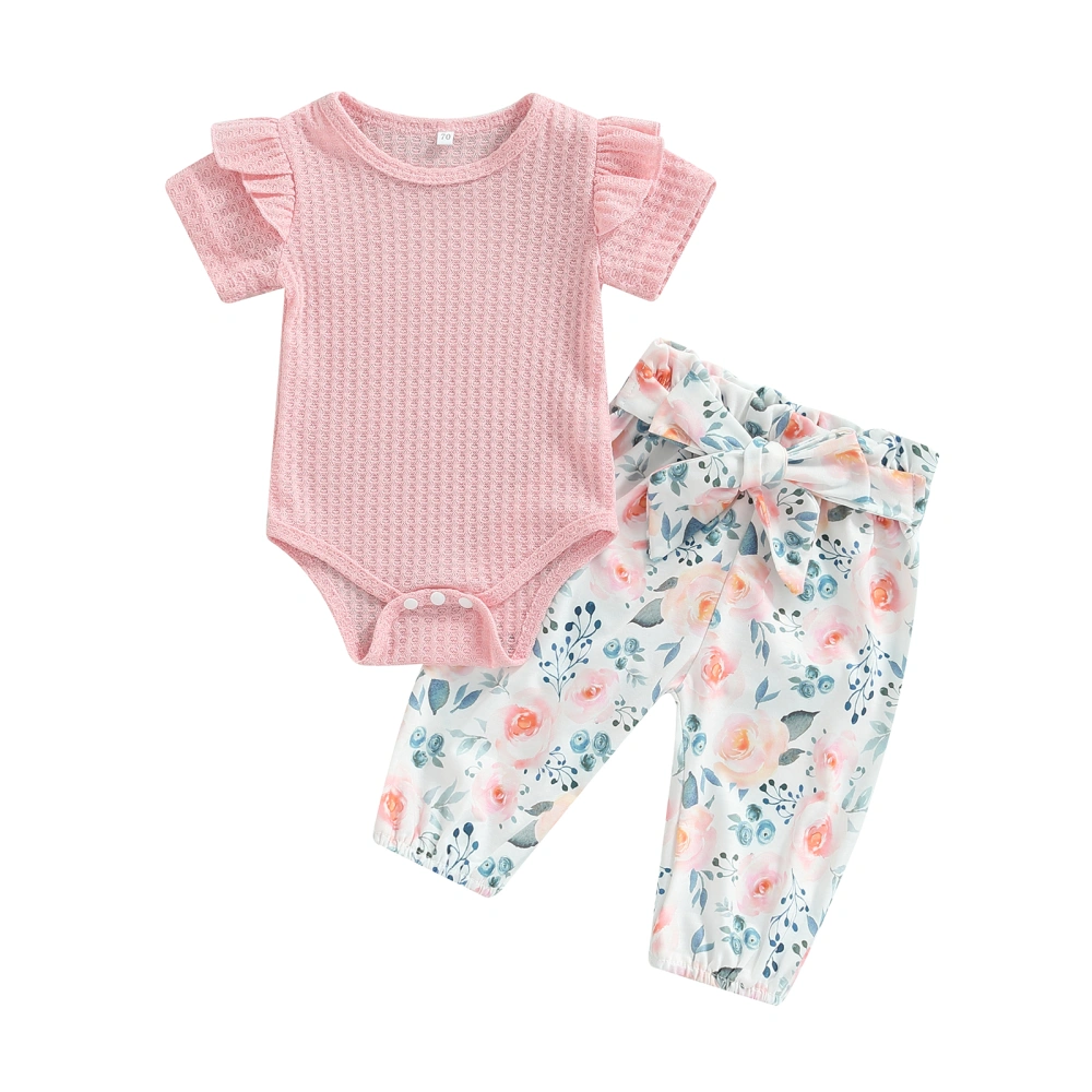 Girls Solid Color Short Sleeve Romper + Floral Pants with Bowknot