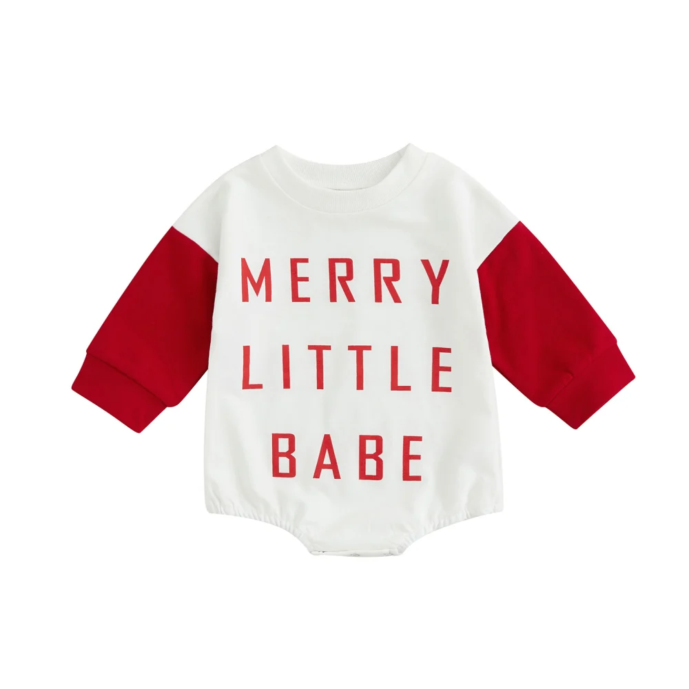 Baby Christmas Romper Letter Print Contrast Color Round Neck Jumpsuit