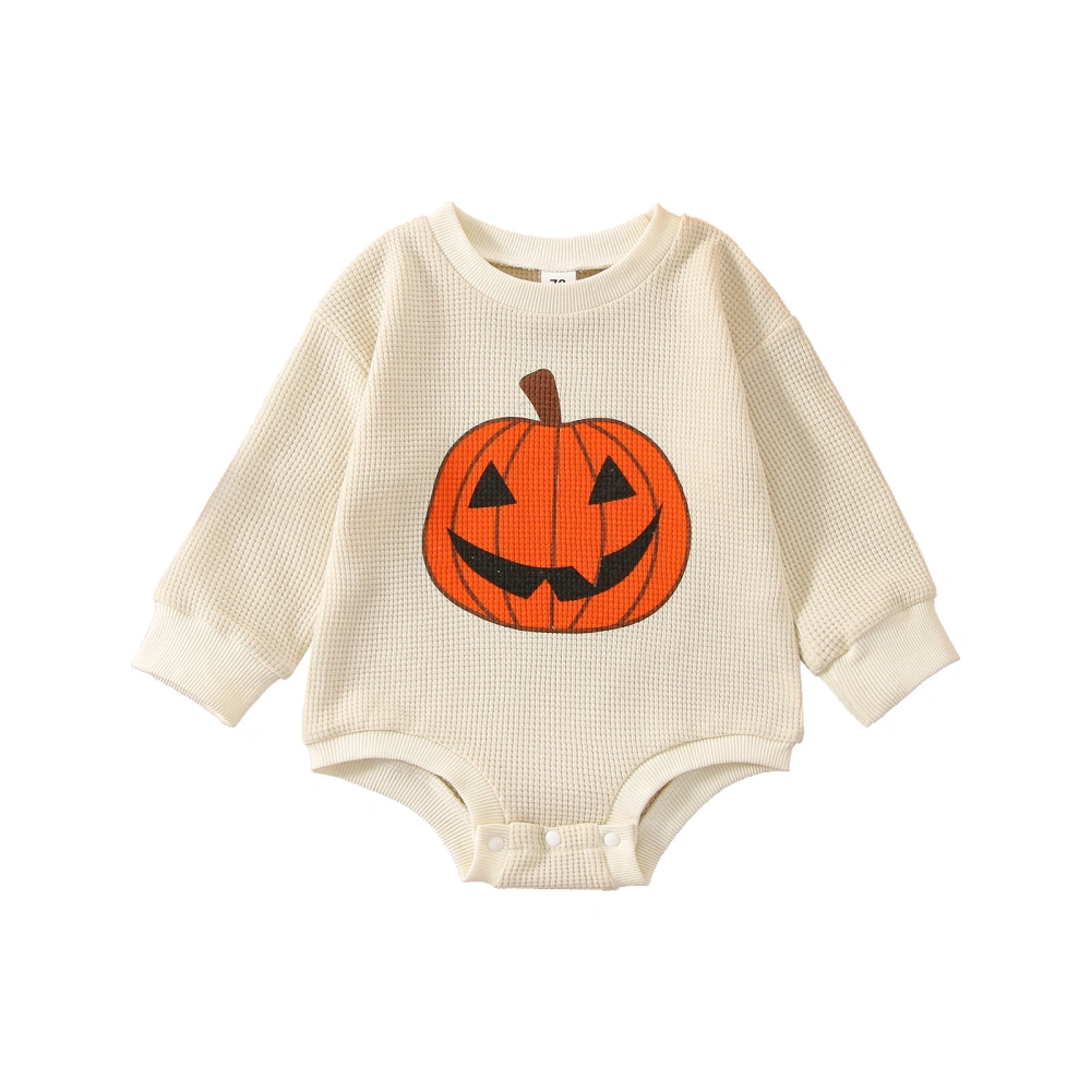 Baby Halloween Romper, Long Sleeve Pumpkin Print Waffle Knit Bodysuit