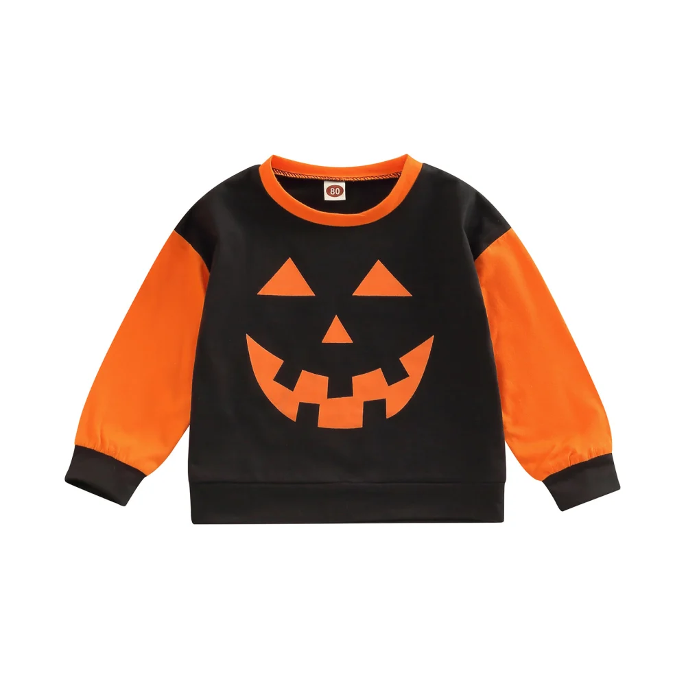 Toddler Halloween Sweatshirt, Pumpkin Print Crew-Neck Long Sleeve Tops