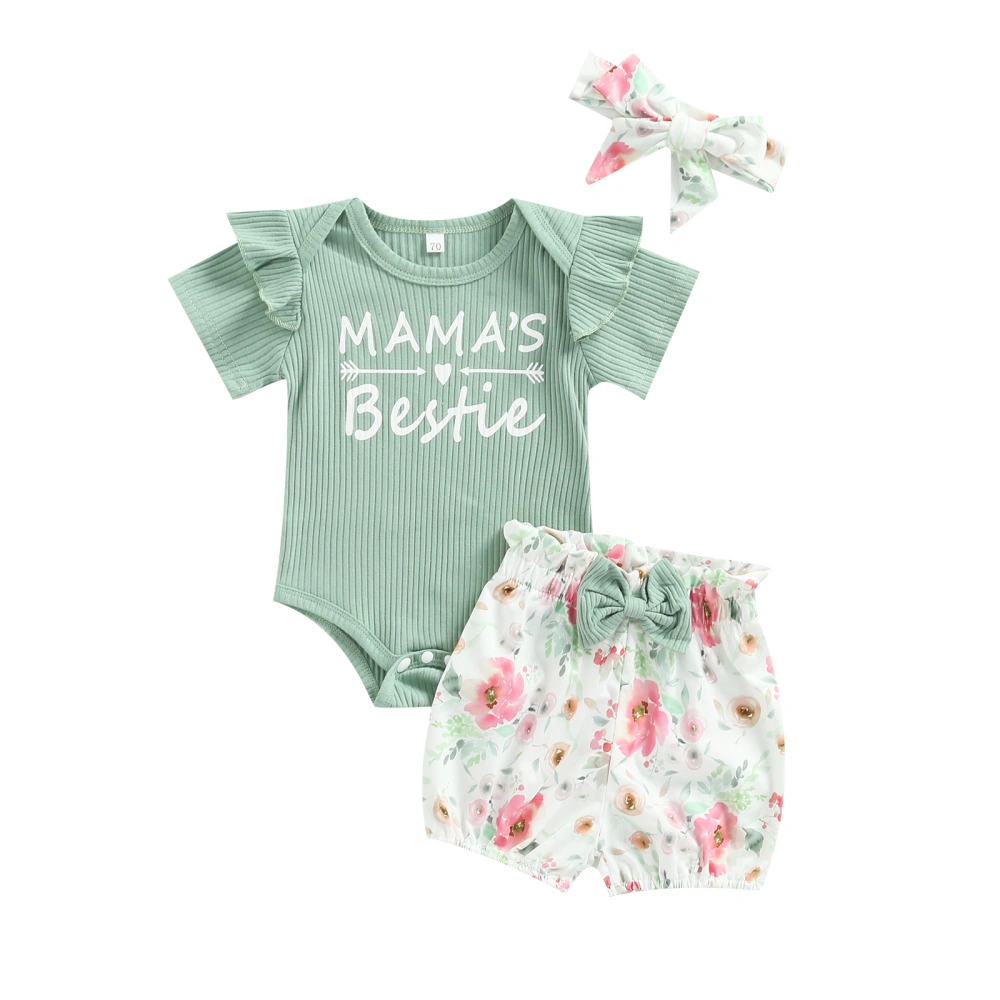 Baby Girl's Romper Set, Short Sleeve Romper + Shorts + Headband