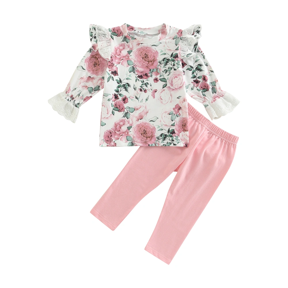 Girl 2Pcs Fall Outfits, Floral Print T-Shirt + Ruffle Pants Set