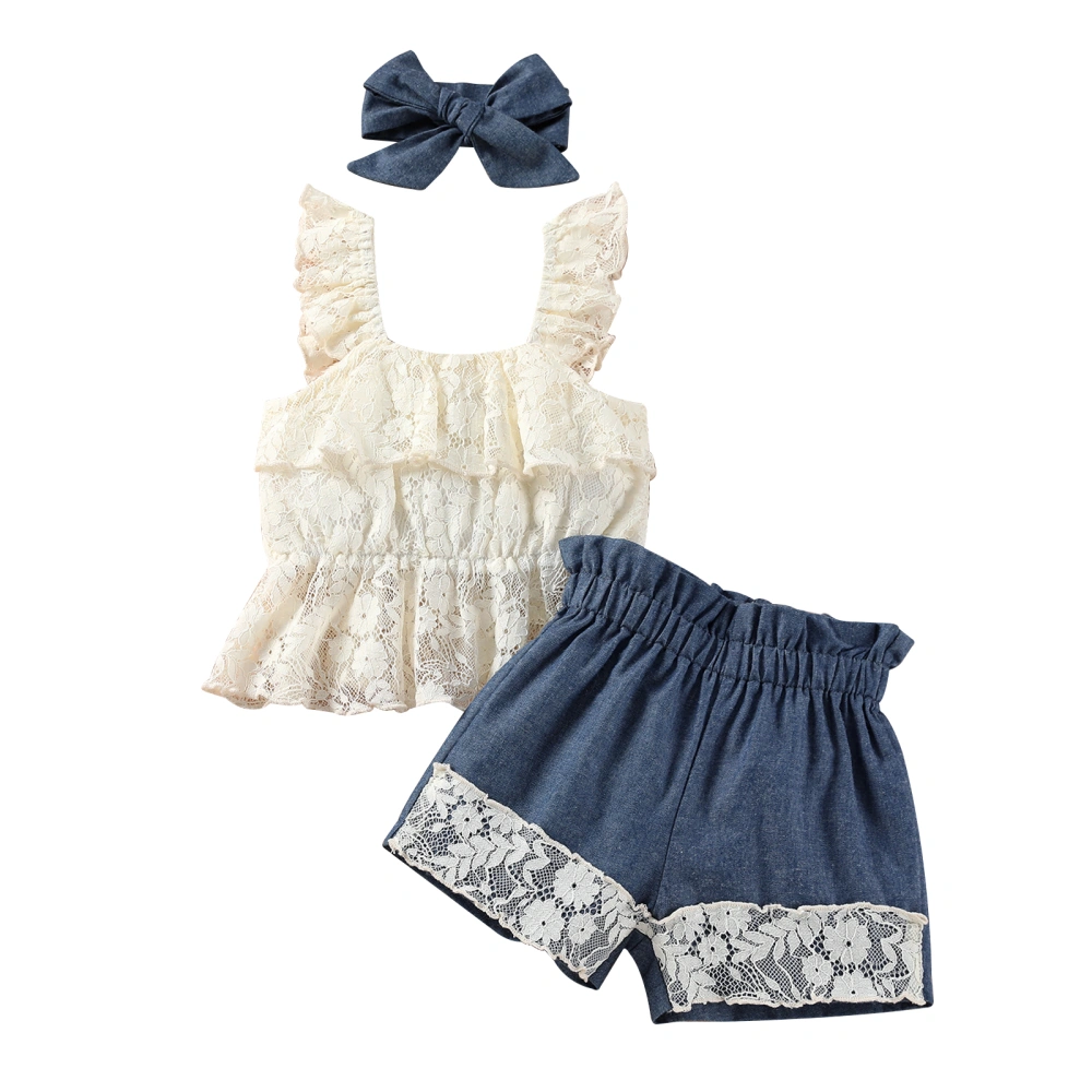 Infant Girl Tanks Tops + Denim Shorts + Bow Headband, Lace Clothing