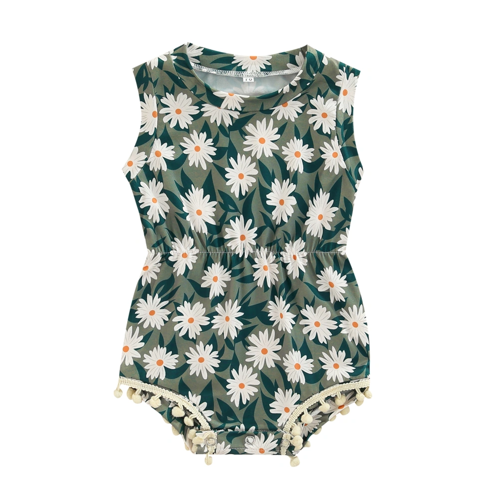 Infant Girls Summer Romper, Green Floral Print Fringed Jumpsuit