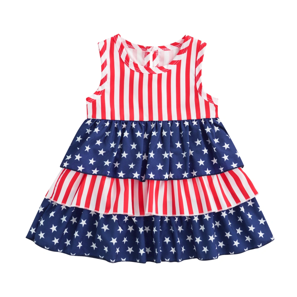 Independence Day Girl Dress, Children Round Neck Ruffle Cake Skirt