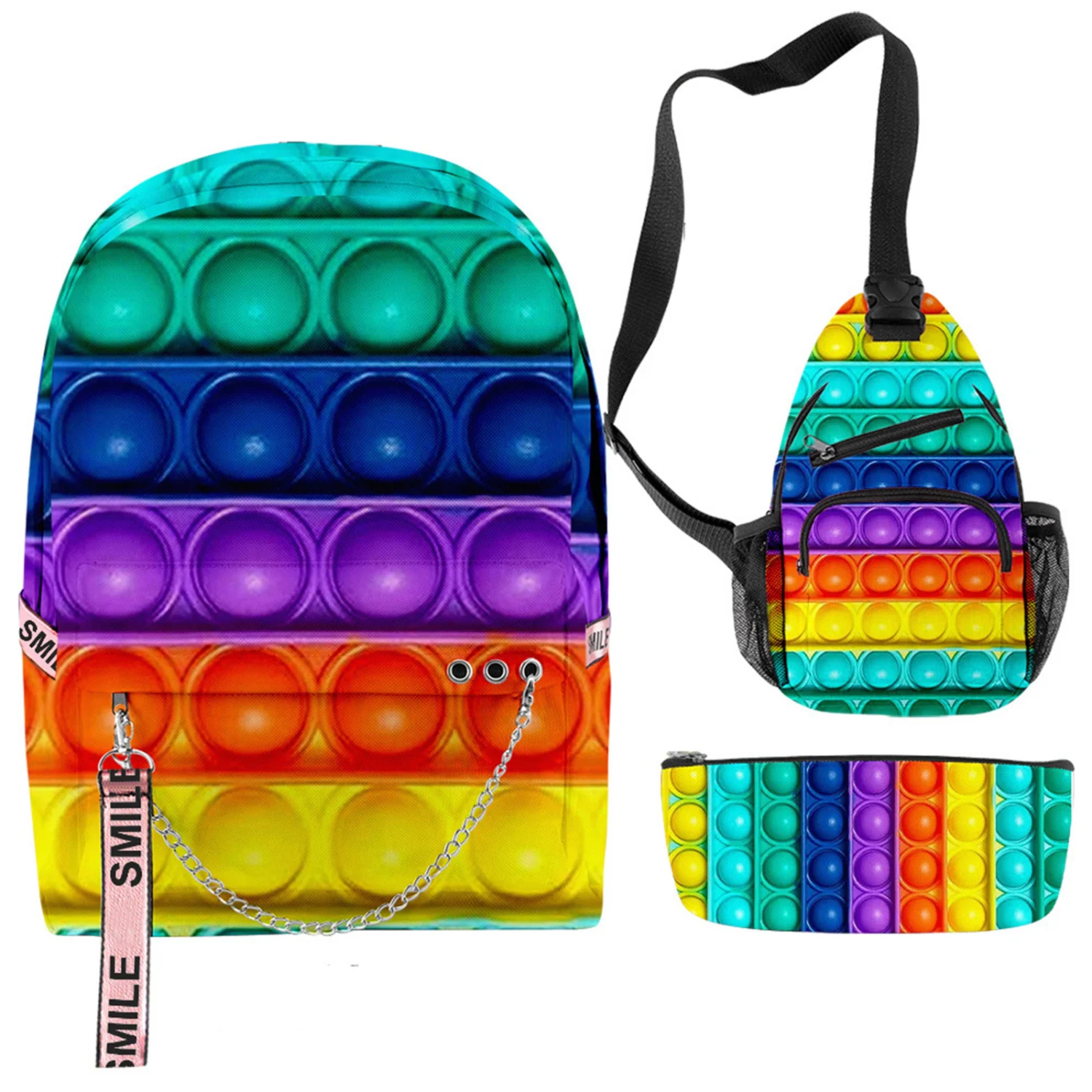 Women Men Backpack Set, Bubble Print Daypack with Chest Bag Pen Case