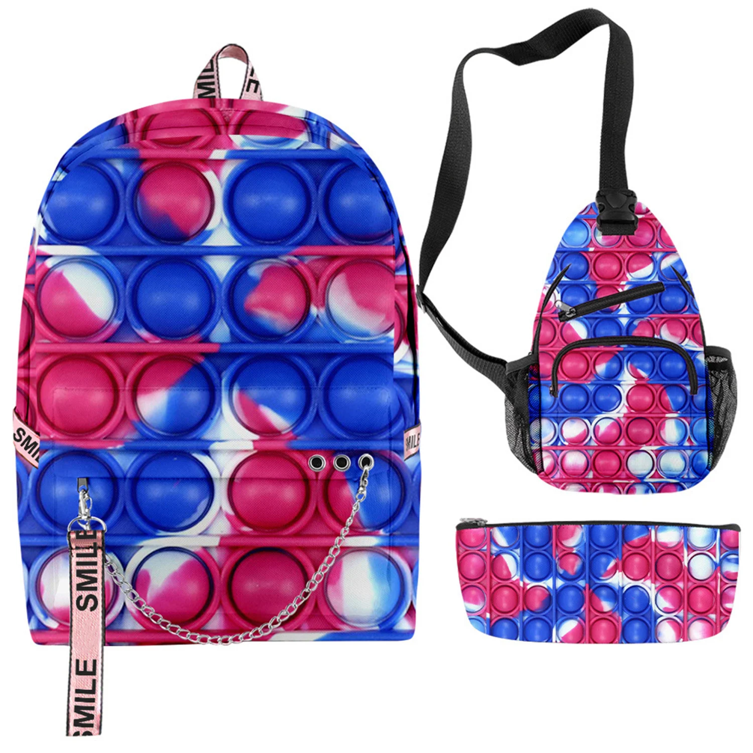 Women Men Backpack Set, Bubble Print Daypack with Chest Bag Pen Case