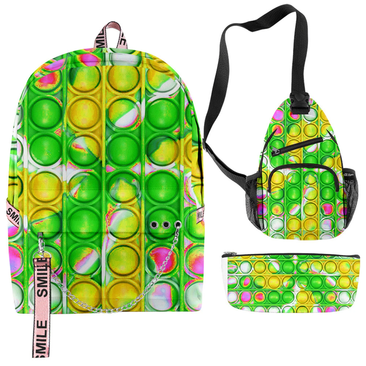 Women Men Backpack Set, Bubble Print Daypack with Chest Bag Pen Case