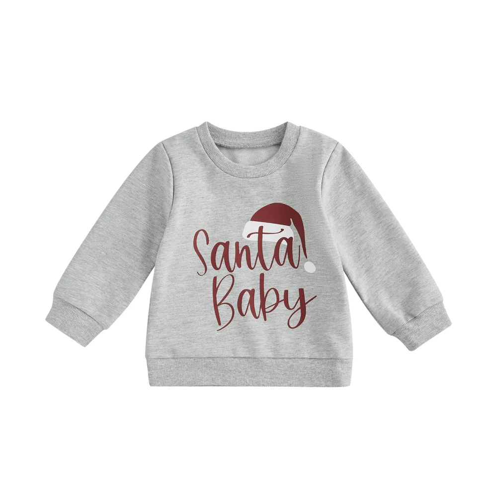 Baby Christmas Pullover, Long Sleeve Santa Hat Print Sweatshirt