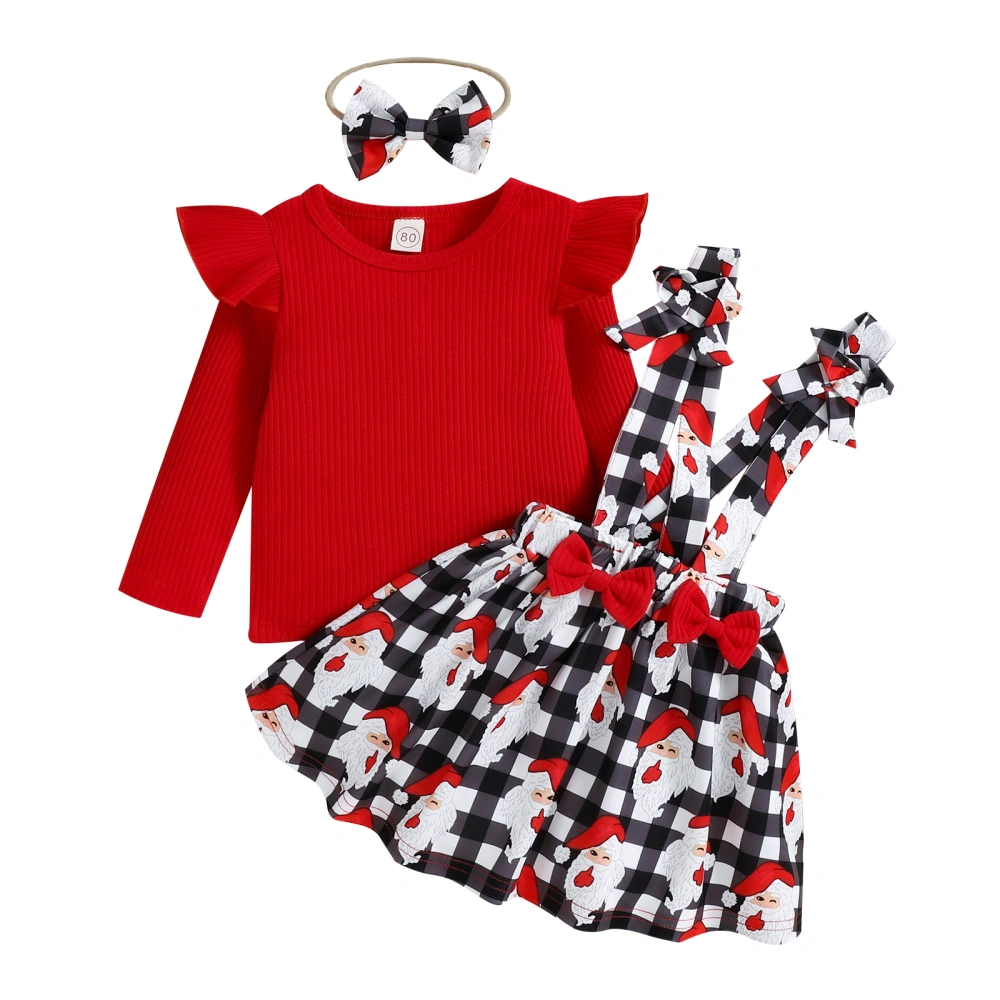 Girls Christmas Skirt Set, T-shirt + Plaid Suspender Skirt + Headband