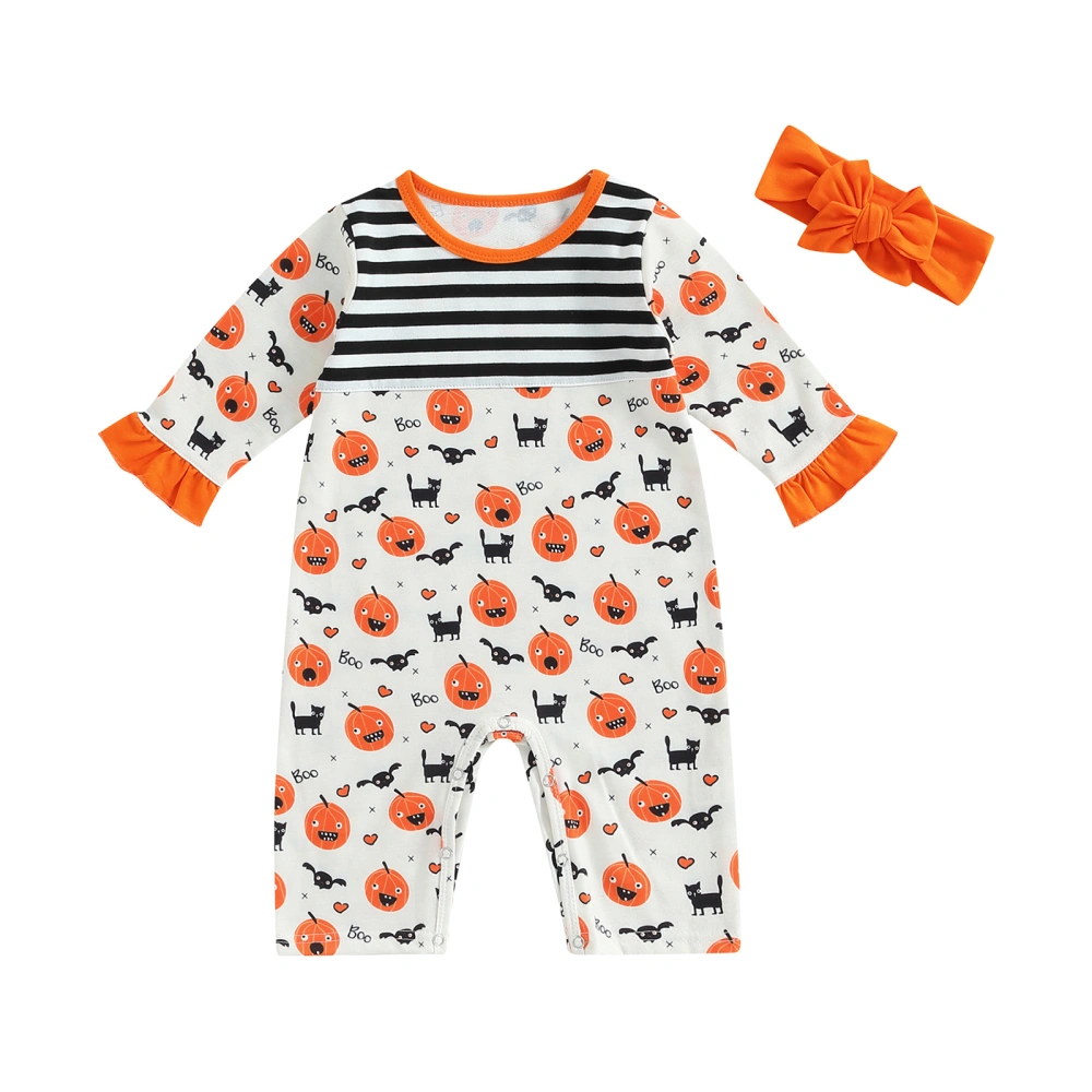 Infant Halloween Long Sleeve Stripes & Pumpkin Jumpsuit + Headband