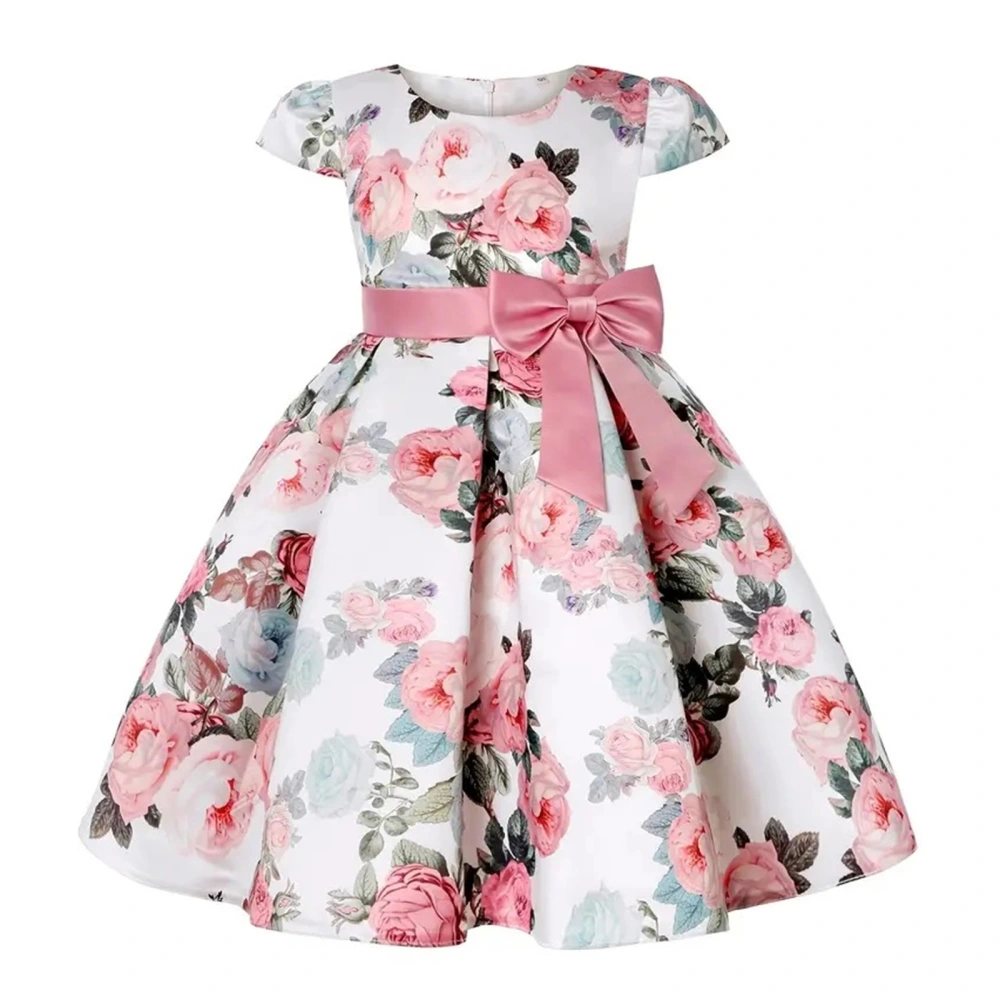 Kids Girl’s Dress, Short Sleeve Flower Print Bow Summer A-line Dress