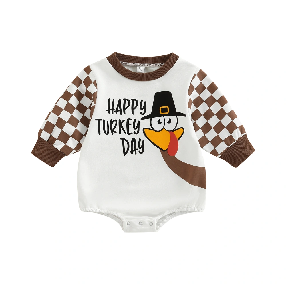 Baby Checkerboard Letter Turkey Print Round Neck Long Sleeve Romper