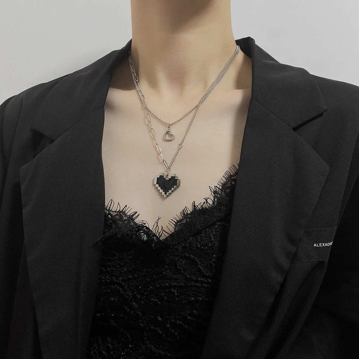 Women's Necklaces Black Mosaic Heart Design Double Layered Pendants