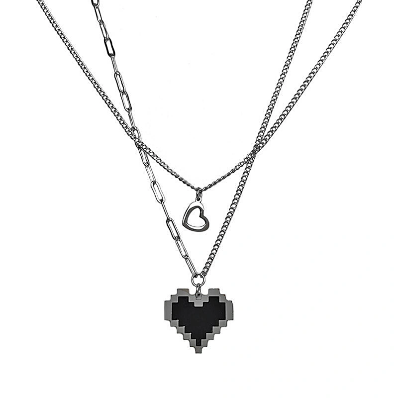 Women's Necklaces Black Mosaic Heart Design Double Layered Pendants