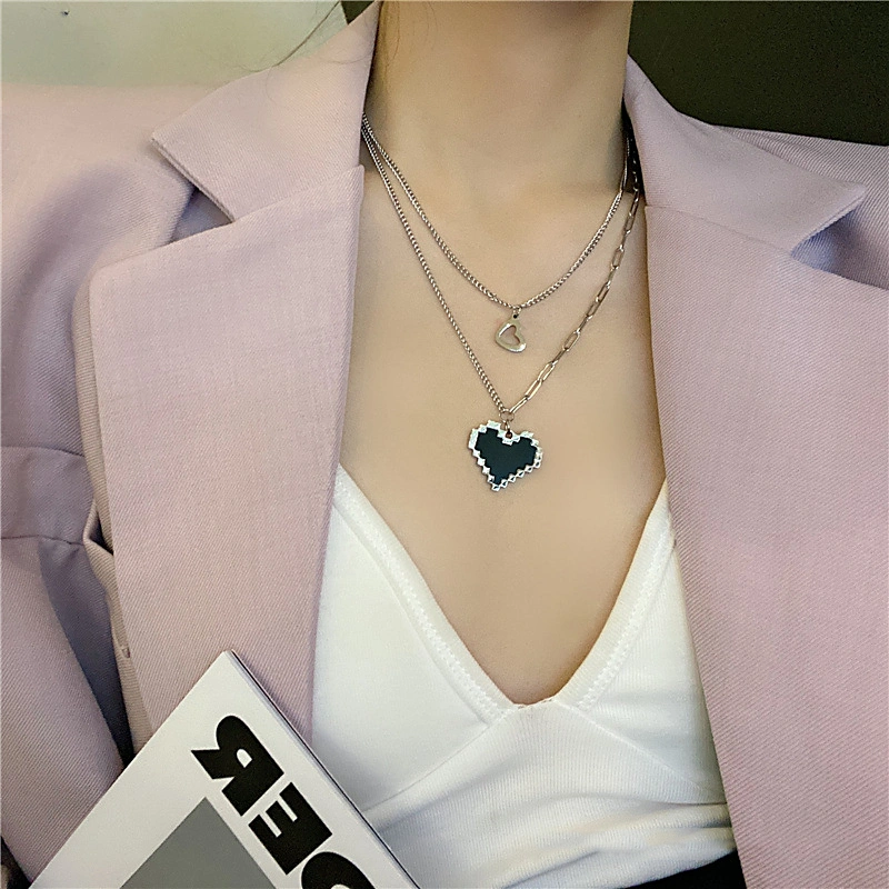 Women's Necklaces Black Mosaic Heart Design Double Layered Pendants