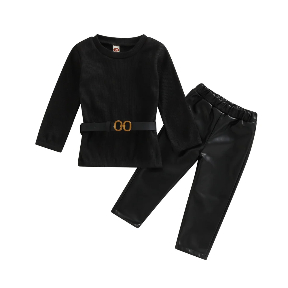 2PCS Kid Girls Fall Outfits, Belted Knit Tops + PU Leather Pants Set