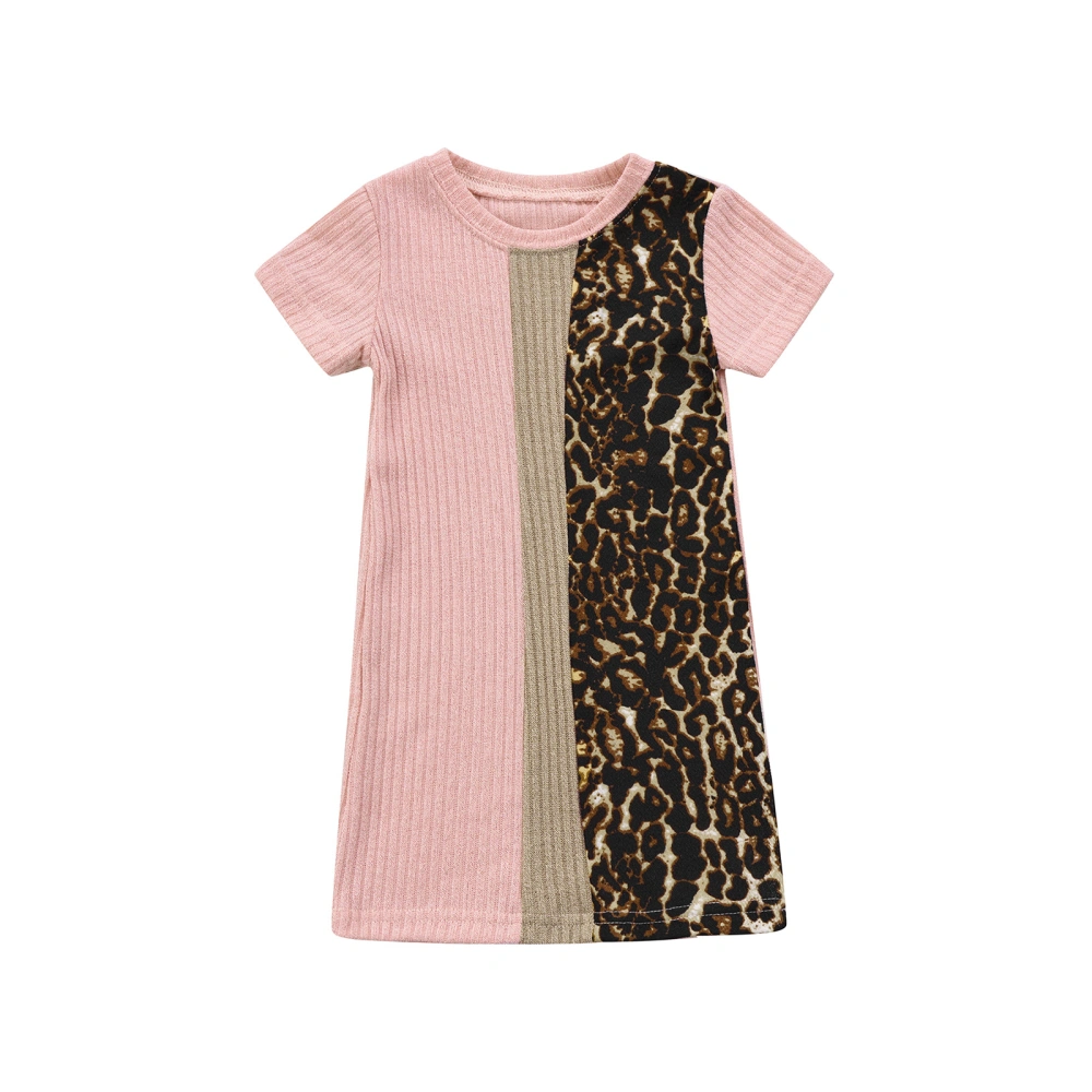 Little Girls Summer Dress, Short Sleeve Crew Neck Leopard Ribbed Dress