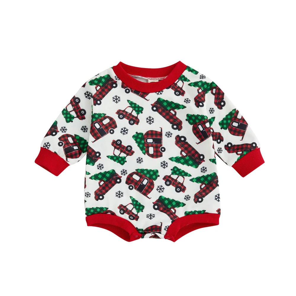 Baby Christmas Romper, Long Sleeve Round Neck Red Truck Print Bodysuit