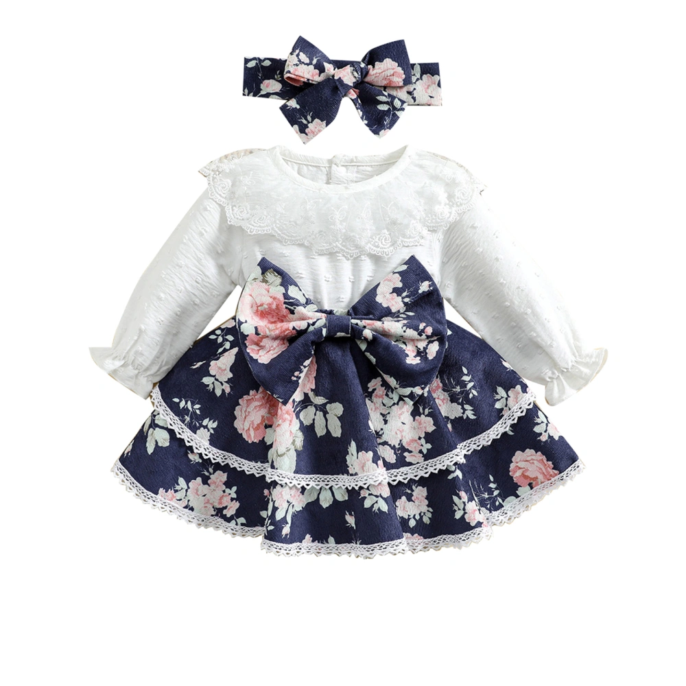 Girls Dress and Headband, Flower Print Layered Dress and Headdress