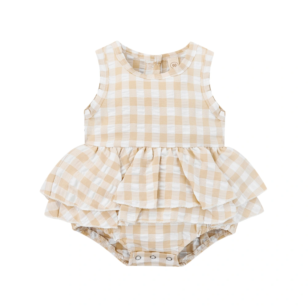 Baby Girls Jumpsuit Plaid Ruffle Trim Crew Neck Sleeveless Romper