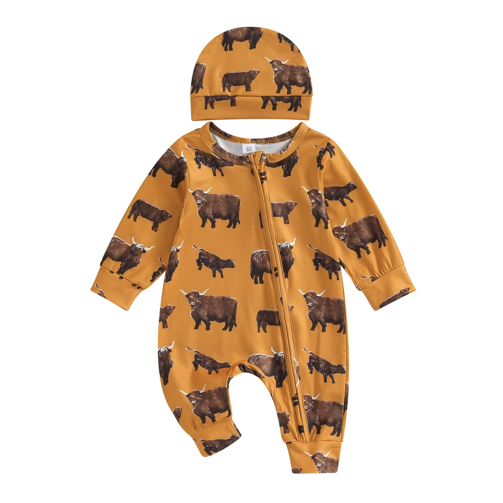 Baby Boy Western Clothes Cow Print Zipper Romper Jumpsuit and Beanie