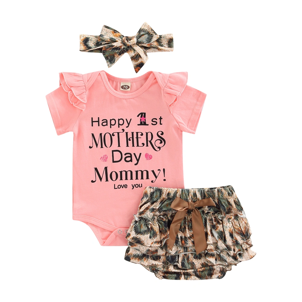 Baby Girl’s Letter Romper and Leopard Shorts with Headband Set