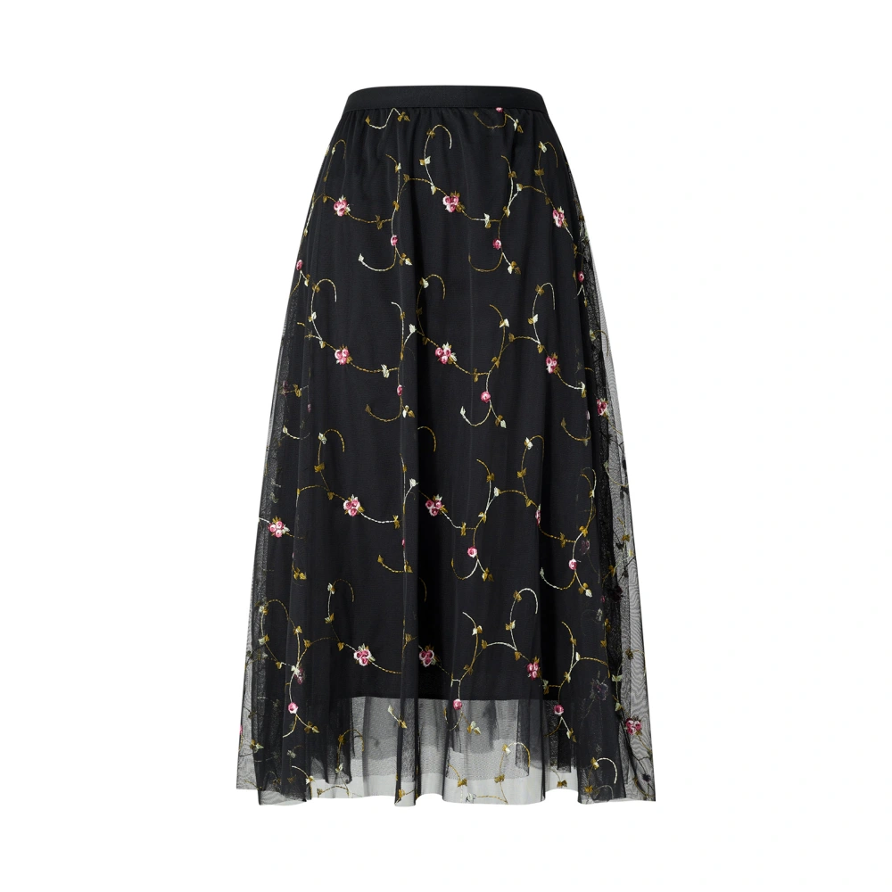 Women Tulle Tutu Skirt Floral Embroidery Elastic Mesh A-line Skirt