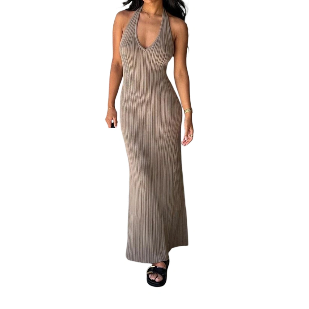 Women Knit Dress, Sleeveless Halterneck Backless Ribbed Long Dress