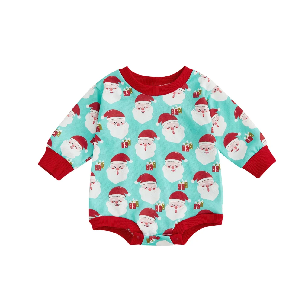 Baby Santa Claus Gift Box Print Round Neck Long Sleeve Romper Bodysuit