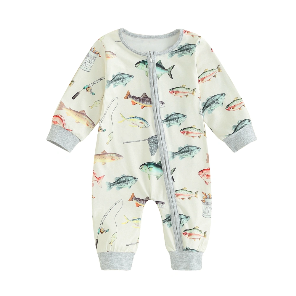 Baby Jumpsuit, Long Sleeve Crew Neck Fish Print Zipper Closure Romper