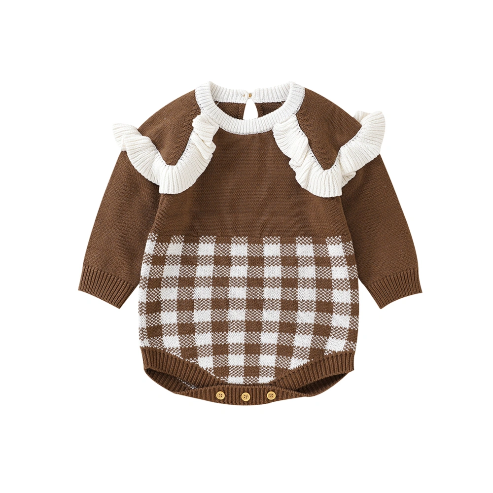 Baby Knitted Romper, Long Sleeve Plaid Print Frill Trim Bodysuit