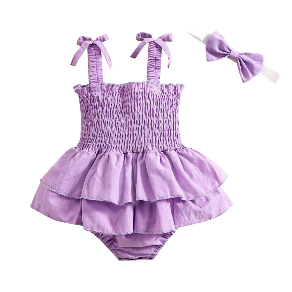 Newborn Girl Sleeveless Romper + Bow Headband, Solid Color Clothing