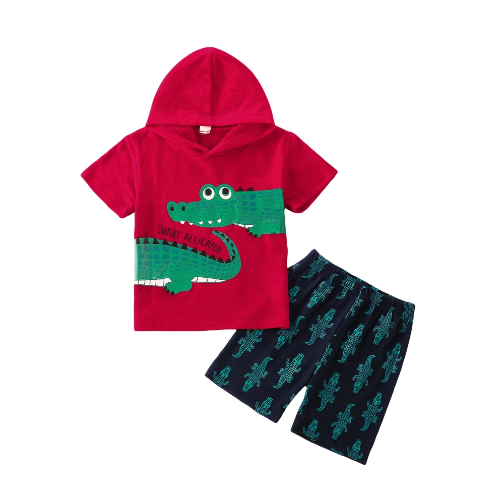 Kids Crocodile Letter Print Short Sleeve Hooded Tops+ Short Pants