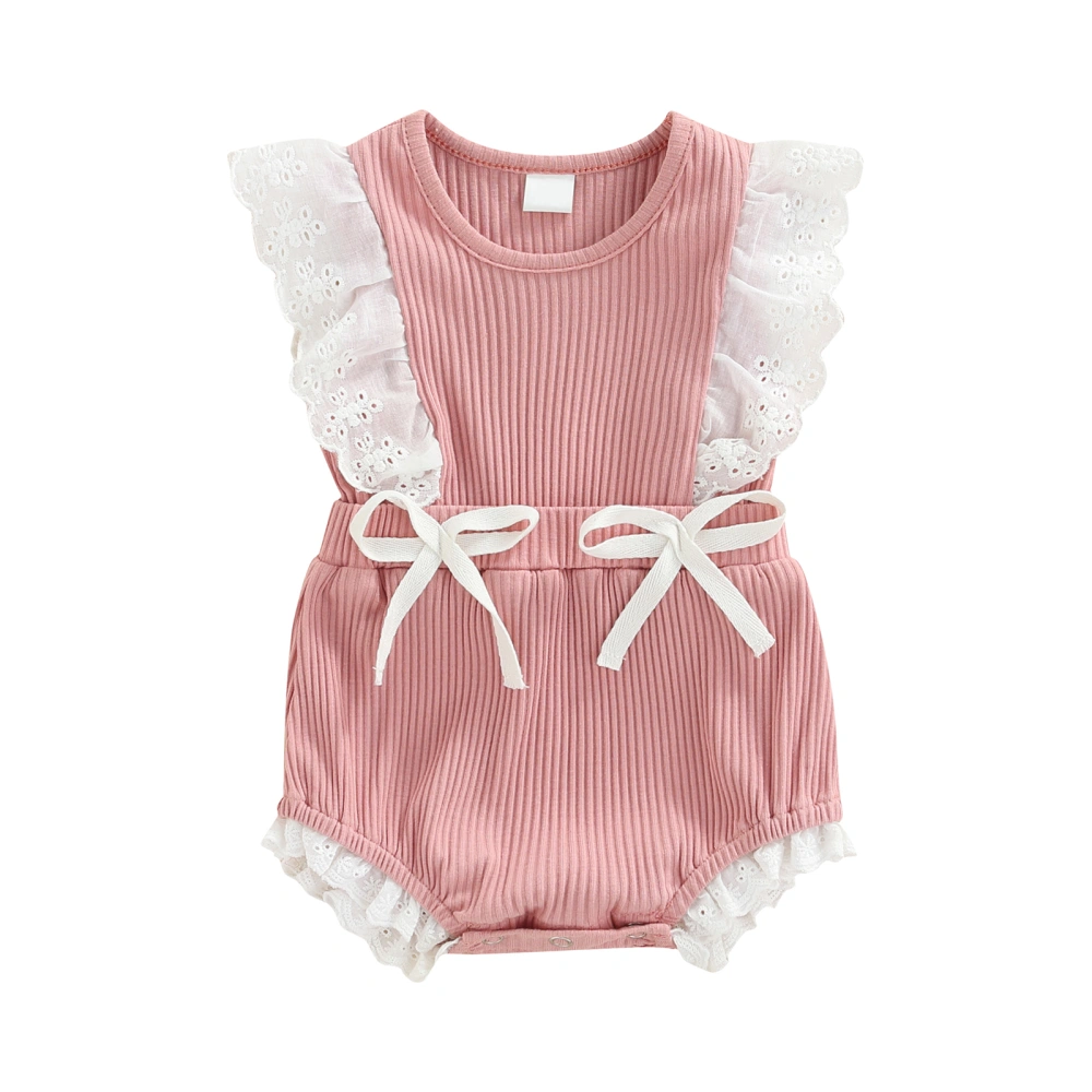 Infant Girls Romper, Floral Lace Ribbed Sleeveless Knitted Bodysuit