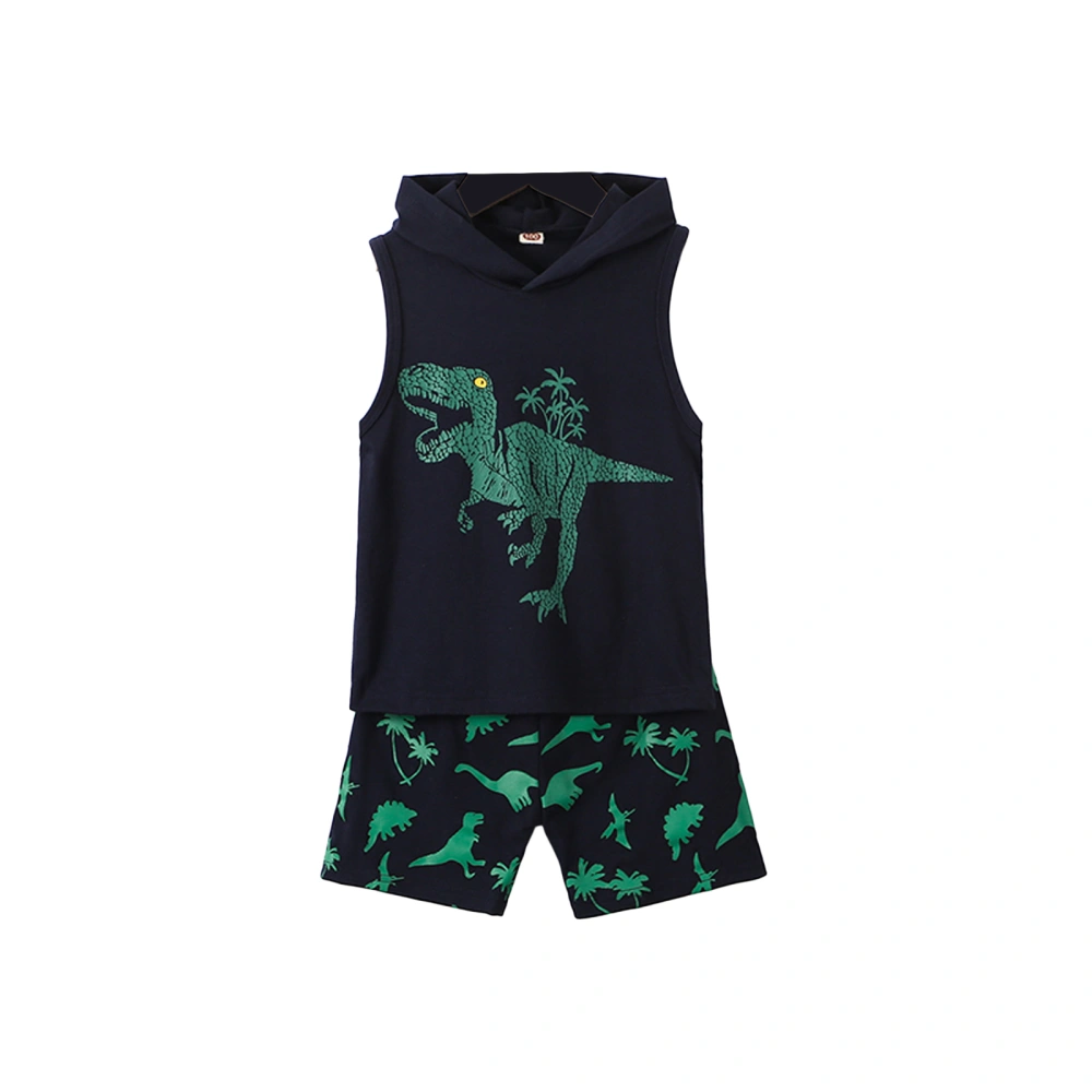 Little Boy’s Dinosaur Print Hooded Sleeveless Tops and Shorts Set