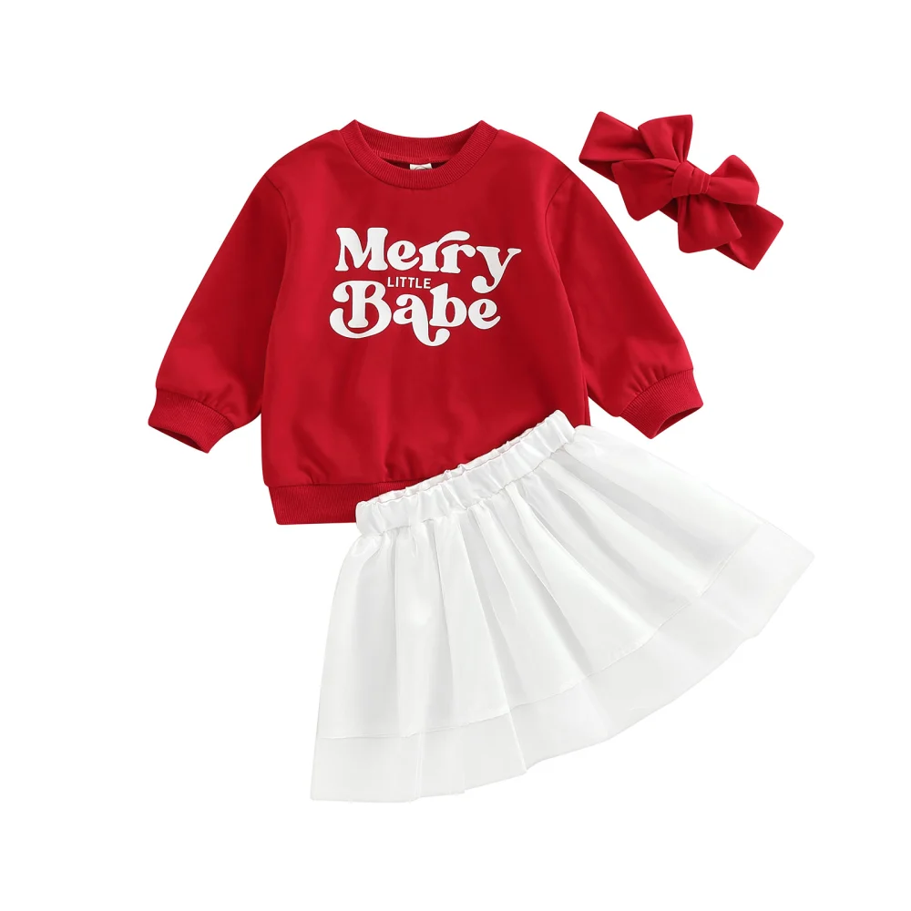 3Pcs Christmas Baby Girls Outfit, Sweatshirt + Tulle Skirt + Headband