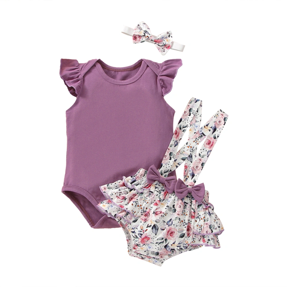 Infant Girl Outfit Set Solid Color Romper Floral Print Shorts Headband