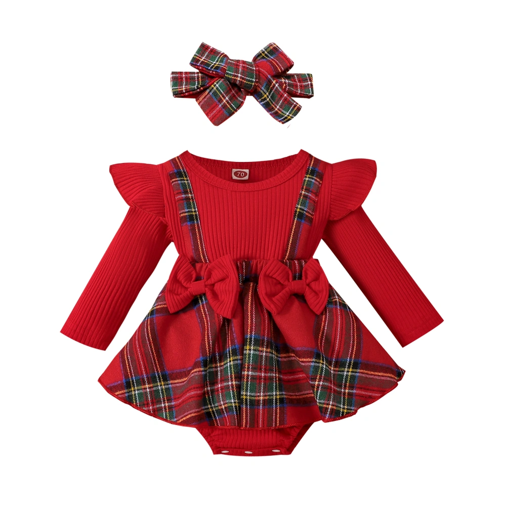 Baby Girl Round Neck Plaid Knitting Buttons Short Romper + Head Band 