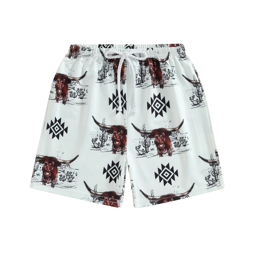 Toddler Boys Summer Shorts, Elastic Waist Cowboy/Bull Print Shorts