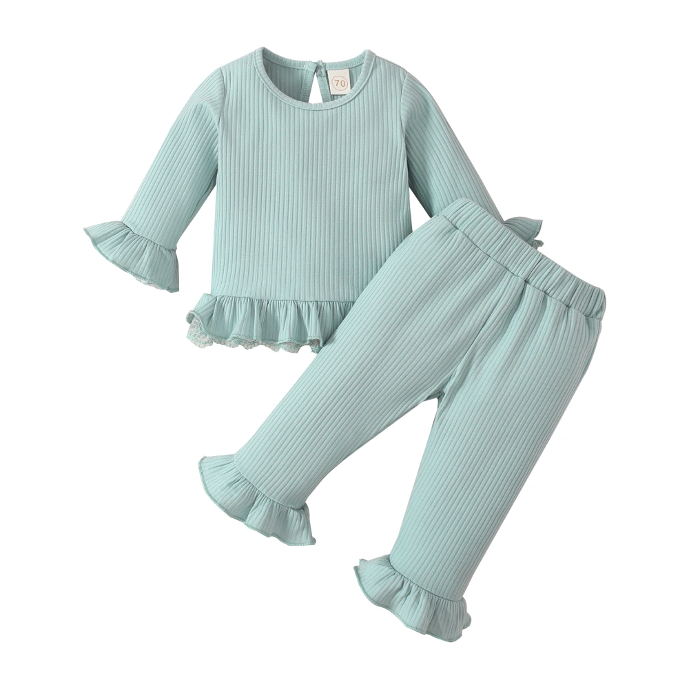 Infant 2 Pieces Outfit, Solid Color Knitted Ribbed Tops + Pants Set