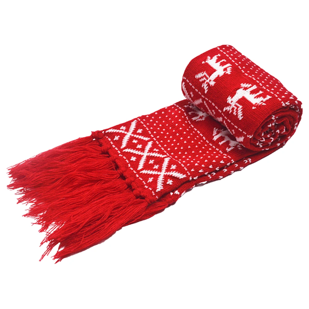  Unisex Christmas Knitted Scarf, Deer Snowflake Pattern Tassel Scarf