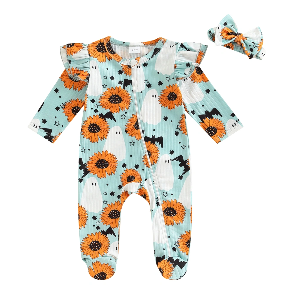 Baby Girl Outfit, Print Long Sleeve Zipper Footed Jumpsuit + Headband