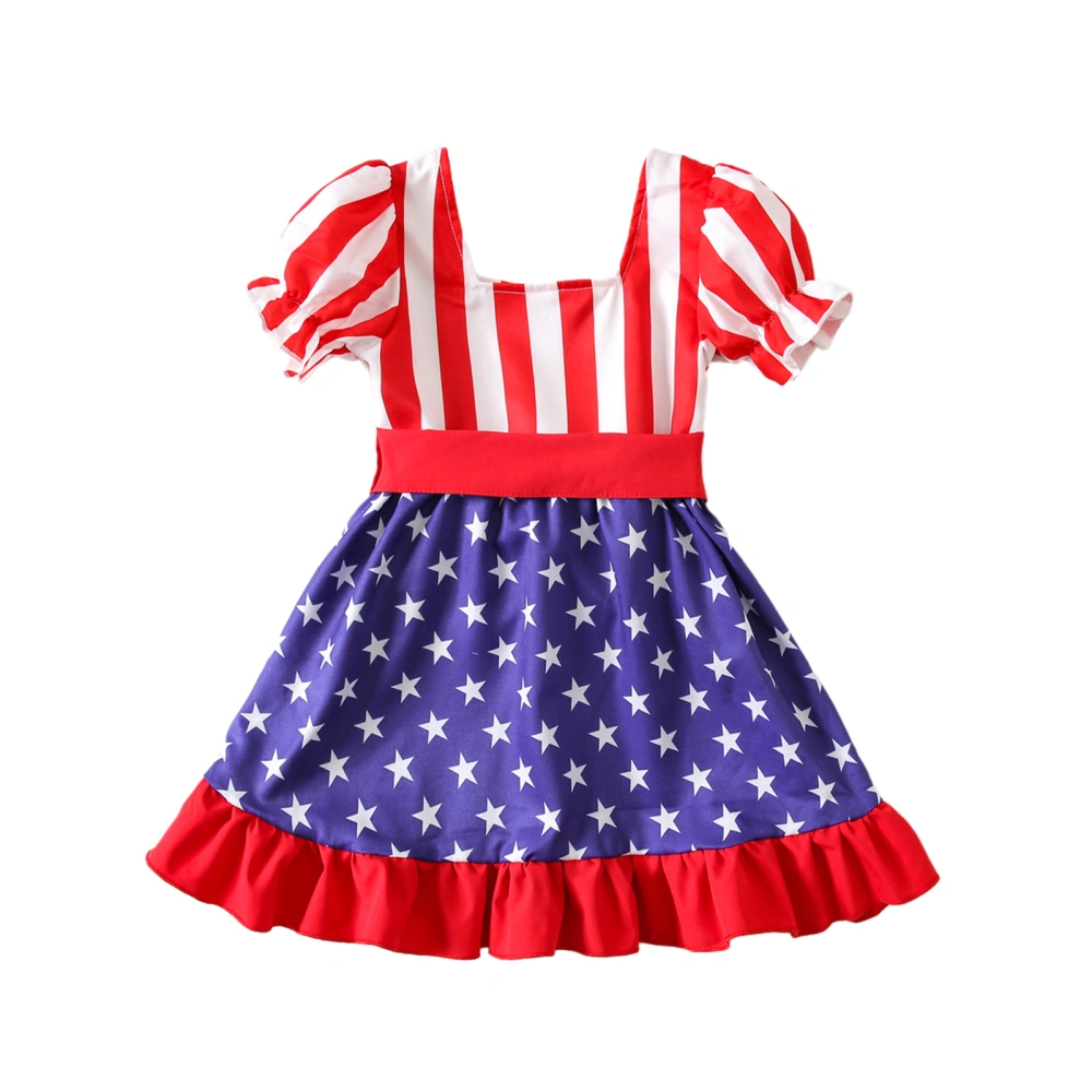 Independence Day Ruffled Star & Stripe Print Dress with Belt