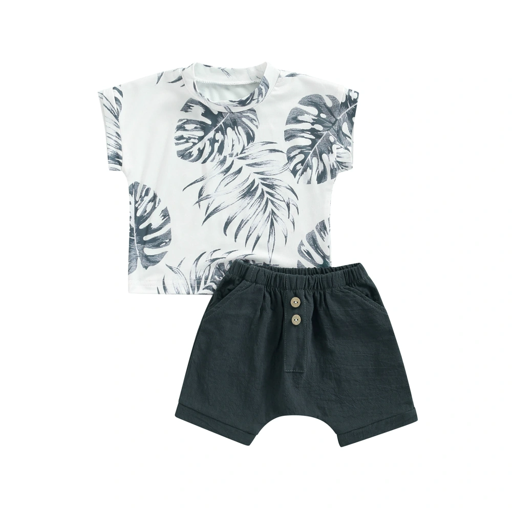 Boy Summer Short Sleeve Leaf Print T-shirt + Elastic Waist Shorts