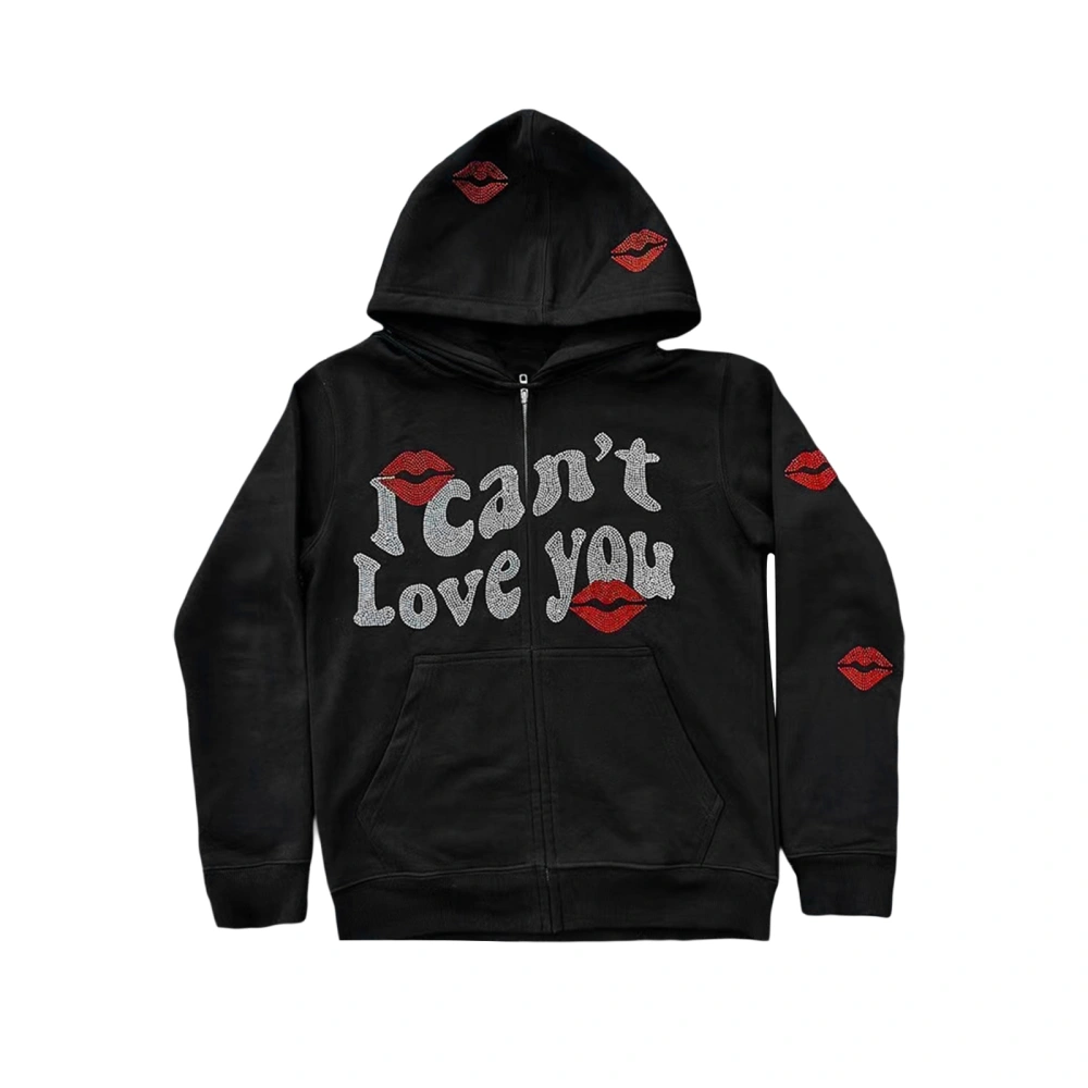 Women's Full Zip Hoodies Rhinestone Lips Long Sleeve Sweatshirts