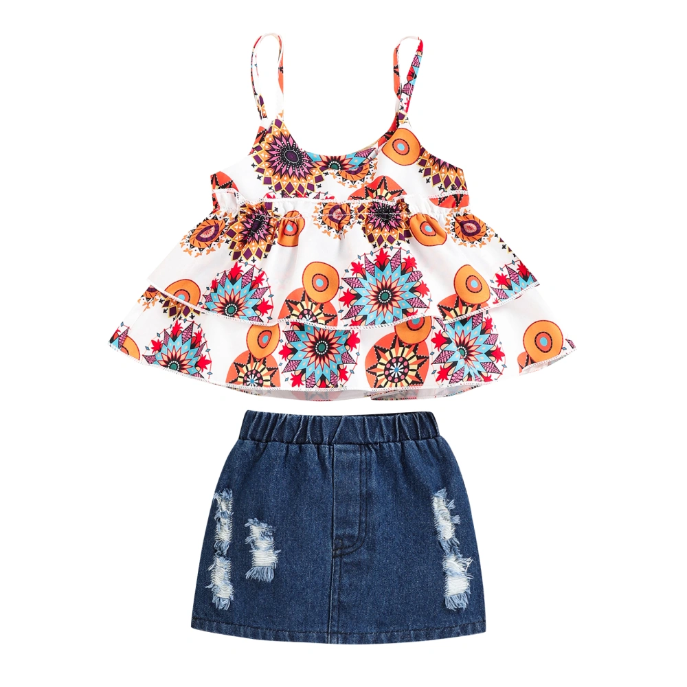 Infant 2 Pieces Outfits, Ethnic Style Print Tank Tops + Denim Skirt