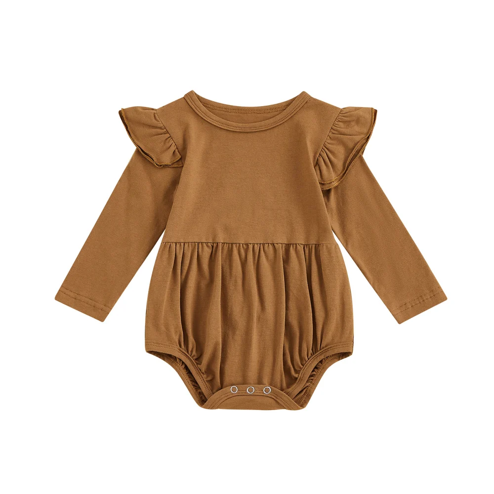 Baby Romper, Solid Color Round Neck Long Sleeve Ruffle Bodysuit