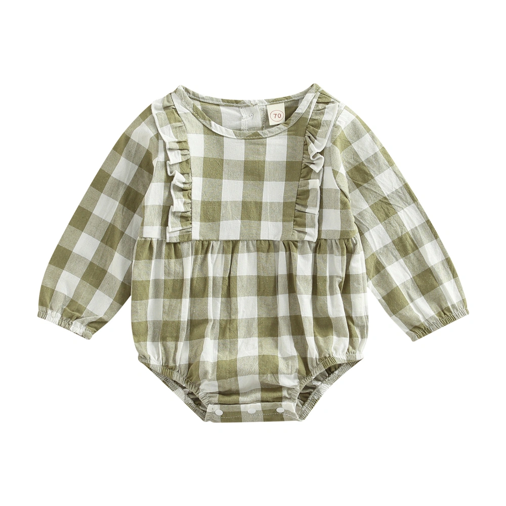 Baby Girls Autumn Green Long Sleeve O Neck Ruffle Plaid Playsuit